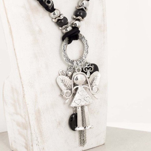 Collier CHOUPETTE Black Silver Sautoir pendentif en Y Poupée ou petite fille Argenté et Noir Rhodium et Suédine Résines