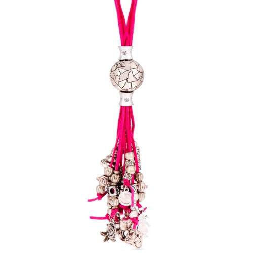 Collier WORLDIE Fuchsia Silver Sautoir pendentif en Y Globe Argenté et Fuchsia Rhodium et Suédine Résines