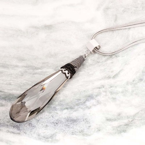 Collier LUZAL Grey Silver Sautoir pendentif en Y Goutte Argenté et Gris Rhodium Cristal