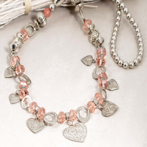 Collier LUDIVIO Peach Nude Silver Sautoir multirangs à pendentifs Cœur et Fleur Argenté et Pêche Nude Laiton argenté Cristal