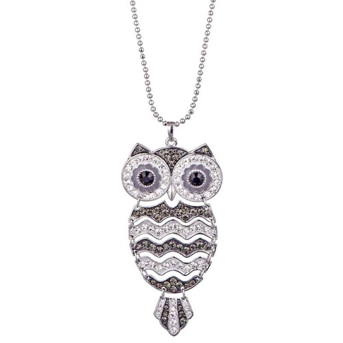 Collier NOCTULO Grey White Silver Sautoir pendentif en Y Chouette articulée Argenté et Gris Blanc Rhodium Cristal