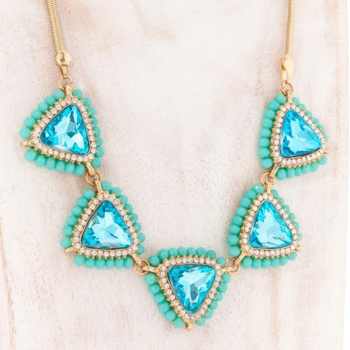 Collier LUMIA Turquoise Gold Plastron pavé Cabochons cristal triangulaires Doré et Turquoise Rhodium Cristaux sertis