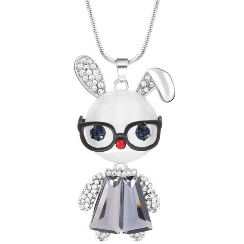 Collier THE SMART RABBIT Grey Silver Sautoir pendentif en Y Lapin à lunettes Argenté et Gris Rhodium Cristal