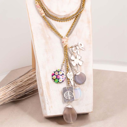 Collier SUMMY Grey Gold Sautoir pendentif en Y Liberty Doré et Gris Doré à l'or fin Cristal et Nacre et agate