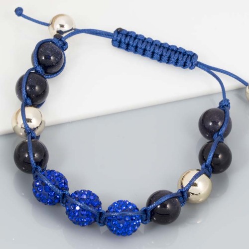 Bracelet CONEXION Navy Blue Silver Bracelet de perles souple shamballa Argenté et Bleu Marine Rhodium Cristal et Pierre de roche