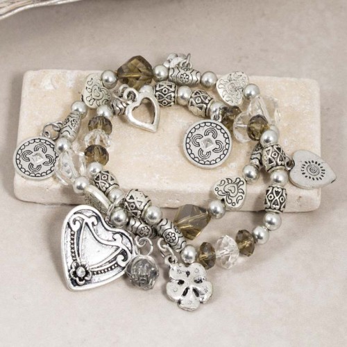 Bracelet LUDIVINE Grey Silver Bracelet à pendentif Multirangs Cœur Argenté et Gris Laiton argenté Cristal