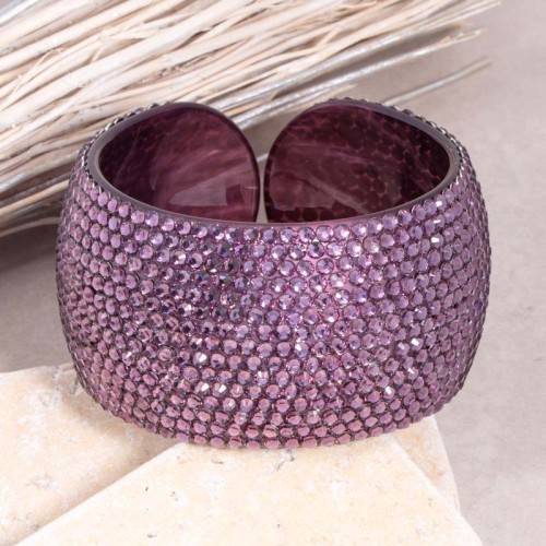 Bracelet RAINBOWY Violet Manchette flexible rigide Rivière de cristal Transparent et Violet Résine Cristal