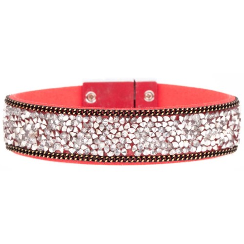 Bracelet SIBERIA Red Coral Silver Manchette souple pavée Rivière de cristaux sertis Argenté Rouge Corail Rhodium et Simili-Cuir