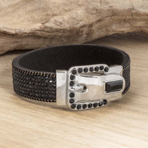 Bracelet CRYSTAL BELT Black Silver Manchette souple pavée Boucle de ceinture Argenté et Noir Simili-Cuir Cristaux sertis