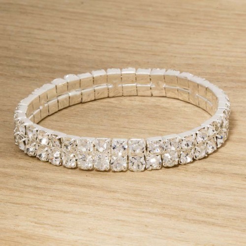 Bracelet GALA DOUBLE CRYSTAL White Silver Manchette souple réglable élastique Double rivière de cristaux sertis Argenté et Blanc