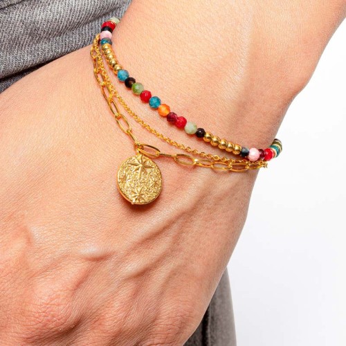 Bracelet GALAXIS CRYSTAL STEEL Color Gold Bracelet perles multirangs Symbole stellaire Multicolore Acier inoxydable doré Cristal