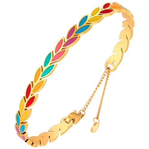 Bracelet NOGUELIA STEEL Color Gold Jonc réglable flexible rigide Feuillage Multicolore Acier inoxydable doré à l'or fin émaux