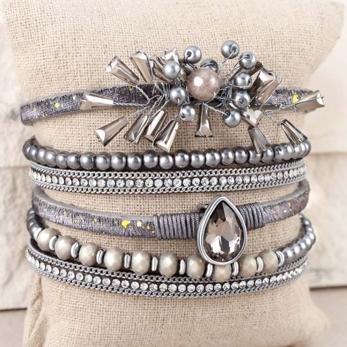 Bracelet DIANA GALAXY Grey Silver Double tour Multirangs éclats de cristaux sertis Argenté et Gris Rhodium et Simili-Cuir Perles