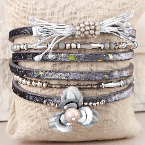 Bracelet COUNTRYSIDE Grey Silver Double tour Multirangs Floral Argenté et Gris Rhodium et Simili-Cuir Cristal