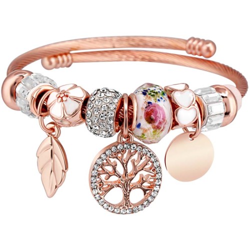 Bracelet EVACORAL White & Rose Gold Bracelet pendentif réglable flexible Arbre de vie ajouré Rosé Blanc Cristal Pâtes de verre