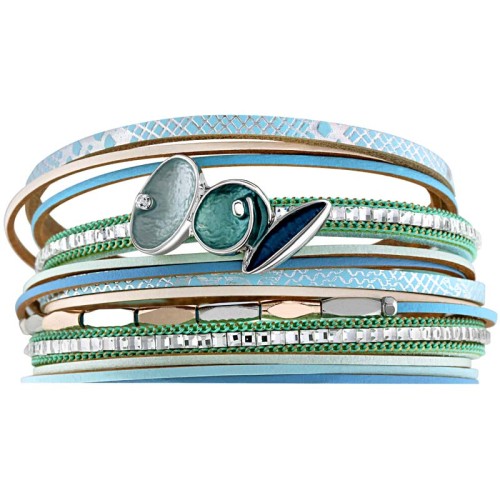 Bracelet VALIONA Sky Blue Silver Double tour Multirangs Contemporain Argenté et Bleu Ciel Rhodium et Cuir Cristal