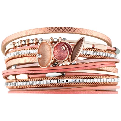 Bracelet VALIONA Pink Silver Double tour Multirangs Contemporain Argenté et Rose Rhodium et Cuir Cristal