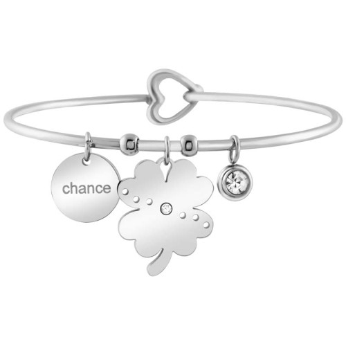 Bracelet MY CHANCE STEEL White Silver Jonc flexible rigide pendentif Message porte-bonheur Argenté Acier inoxydable Cristal