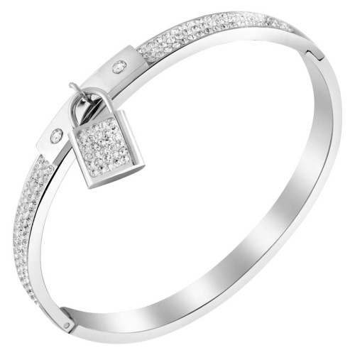 Bracelet SECRET White Silver Jonc rigide pavé Cadenas Argenté et Blanc Acier inoxydable Cristal