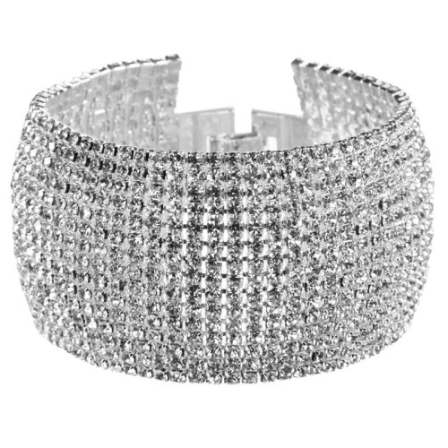 Bracelet GALA White Silver Manchette souple pavée Rivière de cristal Argenté et Blanc Rhodium Cristaux sertis