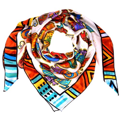 Foulard ANIMIS Color White grand carré de soie imprimé chat Blanc et Multicolore 100 % soie Imprimé sur l'ensemble