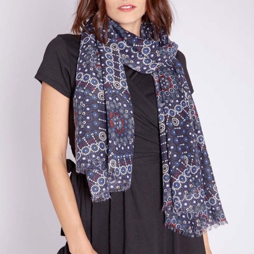 Foulard SECIMI Color Night Blue étole imprimée floral Multicolore et Bleu Nuit viscose et coton Imprimé sur l'ensemble