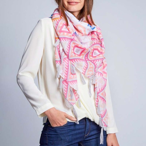 Foulard PAPAYA White Grey Pink grand carré à breloques Blanc et Gris Rose Coton et Viscose Imprimé Décorations dentelle pompons