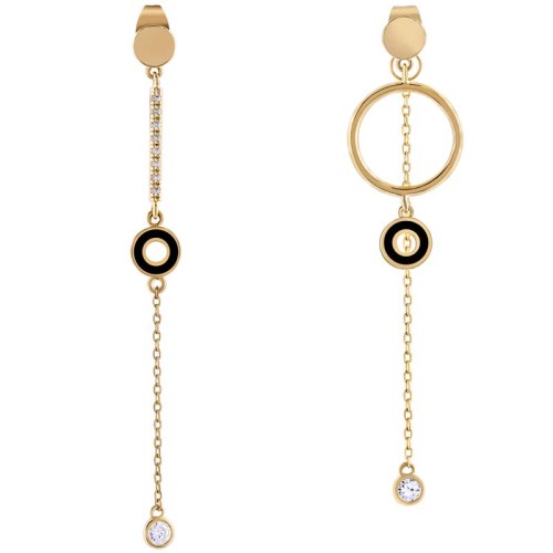 Boucles d'oreilles LOANA Black Gold Pendantes asymétriques cercles Doré et Noir Doré à l'or fin Cristal