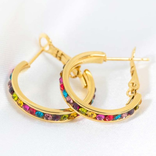 Boucles d'oreilles ORIANA STEEL SMALL SIZE Color Gold Créoles pavées Rivière cristaux sertis Multicolore Acier inoxydable doré