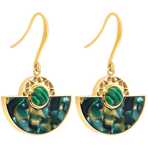 Boucles d'oreilles TANZANA STEEL Green Gold Pendantes éventail pavé Acier inoxydable doré Résine Malachite verte reconstituée