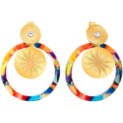 Boucles d'oreilles SOEKIS STEEL Color Gold Pendantes ajourées Solaire Multicolore Acier inoxydable doré Cristal et Résines