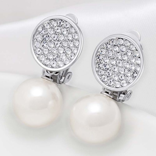 Boucles d'oreilles SOLOVY White Silver Clips pendantes courtes pavées Classique chic Argenté et Blanc Rhodium Cristal et Perles