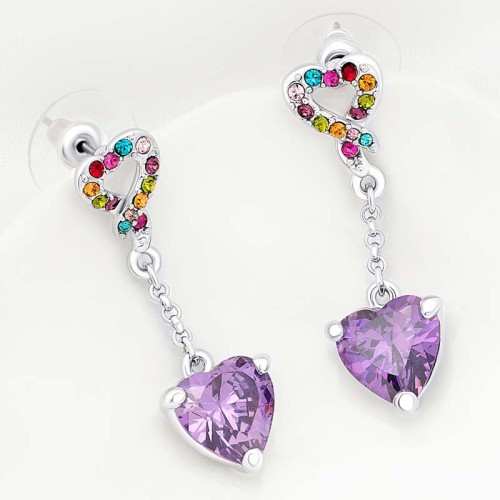 Boucles d'oreilles HEARTFOR Mauve Amethyst Color Silver Pendantes pavées Cœur Argenté et Multicolore Rhodium Cristaux sertis