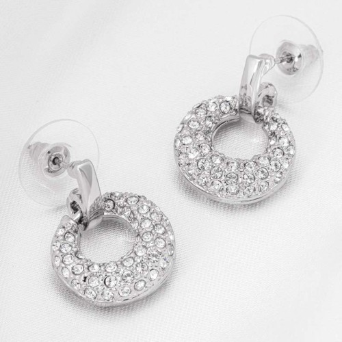 Boucles d'oreilles CERCLIS White Silver Pendantes courtes pavées Cercle bombé Argenté et Blanc Rhodium Cristal