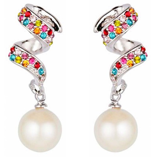 Boucles d'oreilles TORLINE Color Silver Pendantes pavées Torsade Argenté et Multicolore Rhodium Cristal et Perles