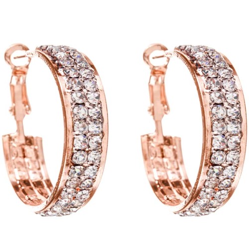 Boucles d'oreilles LANCIOR White & Rose Gold Créoles pavées Double rivière de cristal Blanc Laiton doré à l'or fin rosé Cristal