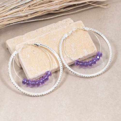 Boucles d'oreilles LORANE Purple Silver Créoles multirangs pavées Rivière de cristal sertis Violet Laiton argenté à l'argent fin