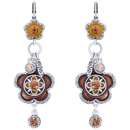 Boucles d'oreilles FLORI Brown Silver Pendantes pavées à pendentifs Fleur Argenté et Marron Rhodium Cristal et émaux