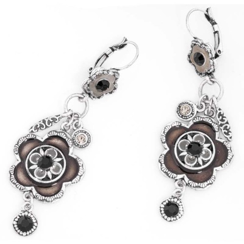 Boucles d'oreilles FLORI Black Silver Pendantes pavées à pendentifs Fleur Argenté et Noir Rhodium Cristal et émaux