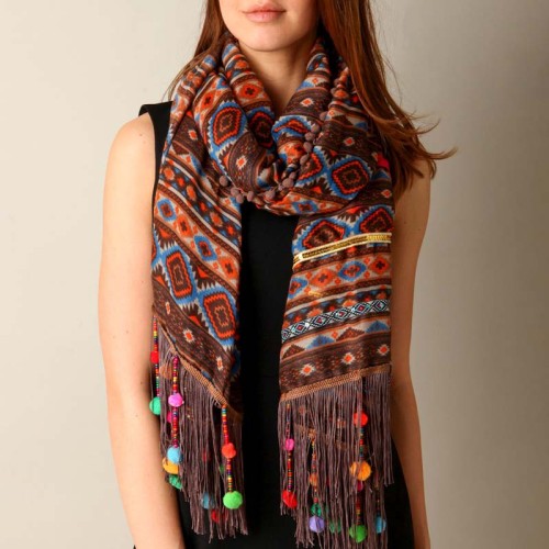 Foulard MAYAPACHA Color Brown étole imprimée à breloques Ethnique Multicolore et Marron Viscose Décorations médaillon et franges