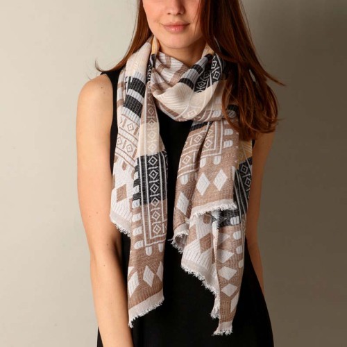 Foulard ALONA Beige étole brodée à motif géométrique Marron et Beige Viscose et Coton Imprimé sur l'ensemble