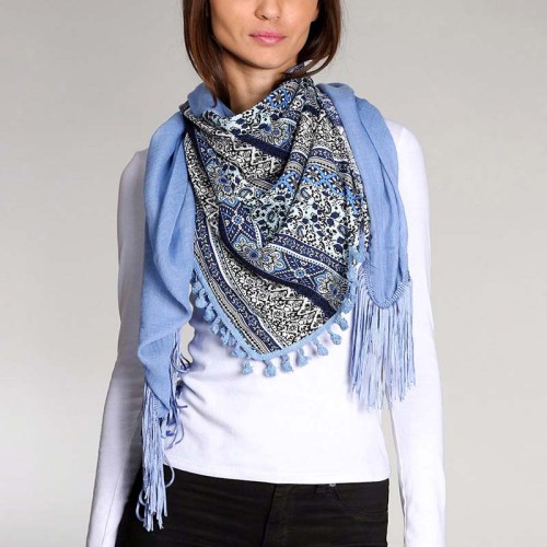 Foulard LAURANE Color Blue grand carré à breloques Floral Bleu Coton et Viscose Patchwork assemblés unis et imprimés franges