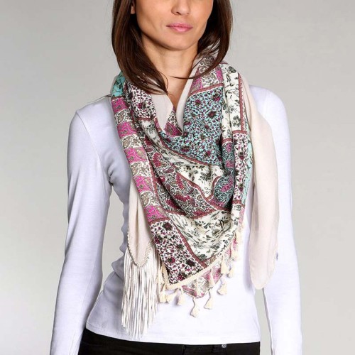 Foulard LAURANE Color Beige grand carré à breloques Floral Beige Coton et Viscose Patchwork assemblés unis et imprimés franges