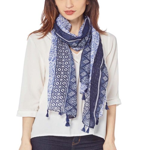 Foulard CIUDADERO Night Blue étole imprimée Floral Bleu et Bleu Nuit Viscose Imprimé sur l'ensemble et Décorations pompons