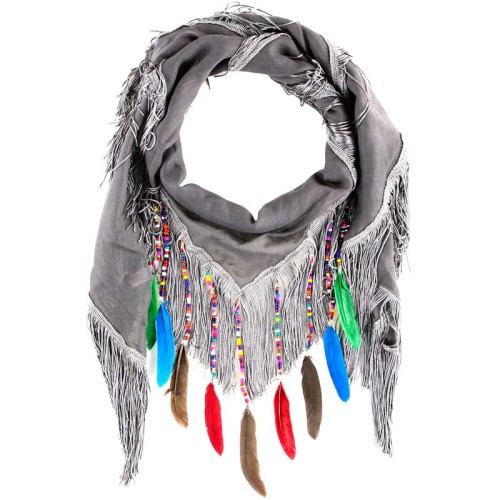 Foulard PATIKOS Color Grey triangle à breloques Ethnique Multicolore et Gris Viscose Uni et Décorations plumes et franges