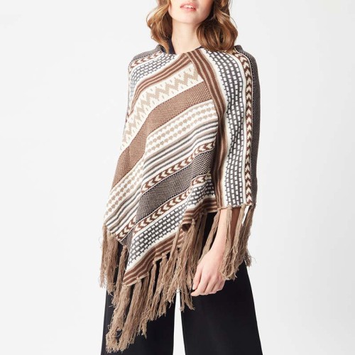 Foulard WESTERN Beige Brown grand châle poncho à frange Ethnique amérindien Beige Marron Coton Viscose Polyester Maille tricot