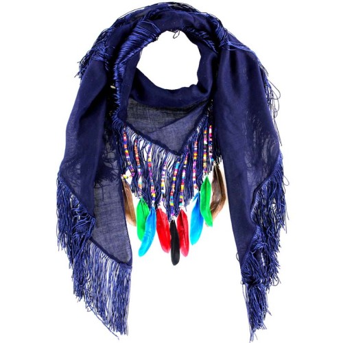 Foulard PATIKOS Color Night Blue triangle à breloques Ethnique Multicolore et Bleu Nuit Viscose Uni Décorations plumes franges