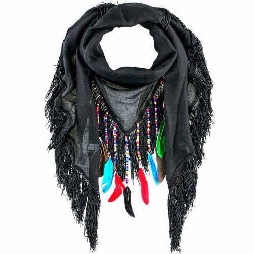 Foulard PATIKOS Color Black triangle à breloques Ethnique Multicolore et Noir Viscose Uni et Décorations plumes et franges