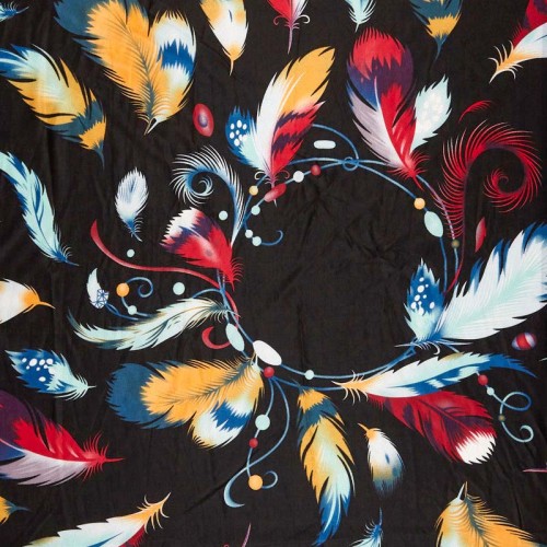 Foulard PARAISO Color Black grand carré imprimé à breloques Plumes Multicolore et Noir viscose et coton Décorations pompons