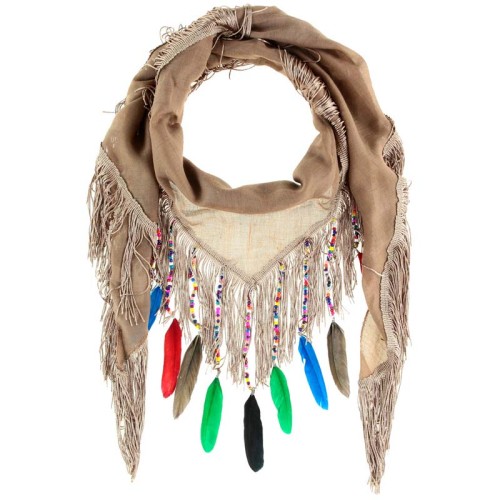 Foulard PATIKOS Color Beige triangle à breloques Ethnique Multicolore et Beige Viscose Uni et Décorations plumes et franges